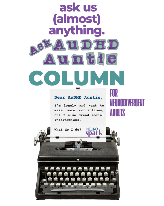 A typewriter with a letter to AuDHD Auntie represents NeuroSpark Health's Dear AuDHD Auntie advice column.