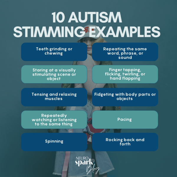 Graphic for NeuroSpark Health's blog: 10 Most Common Autism Stimming Examples.
