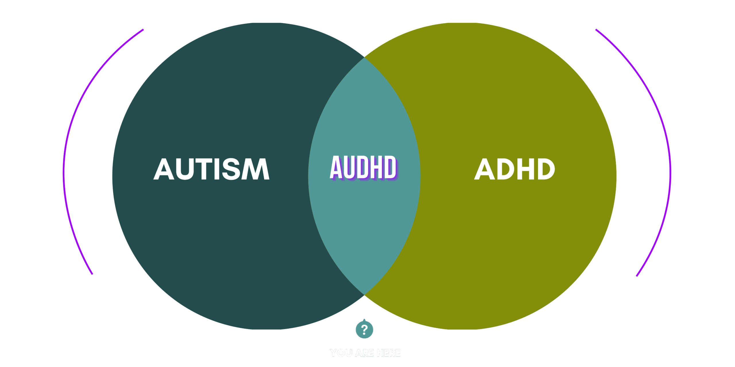 A venn diagram in various shades of green represent the overlap and differences of autism and ADHD in those with AuDHD.
