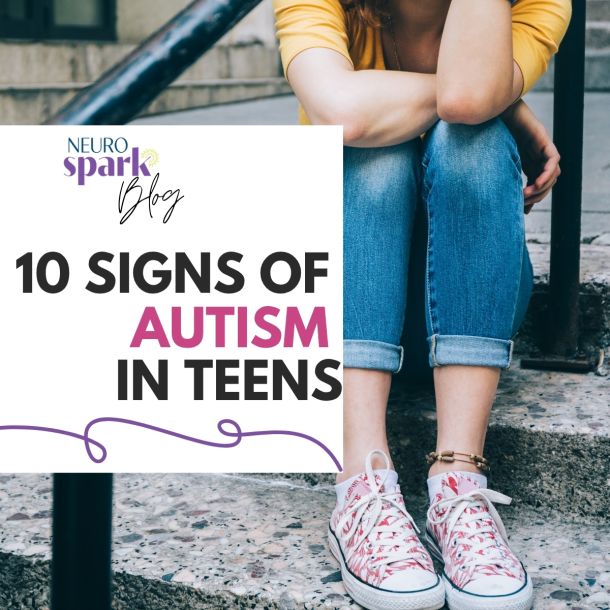 Featured image for a NeuroSpark Health blog about the signs of autism in teens, showing a teenager sitting on outdoor steps.