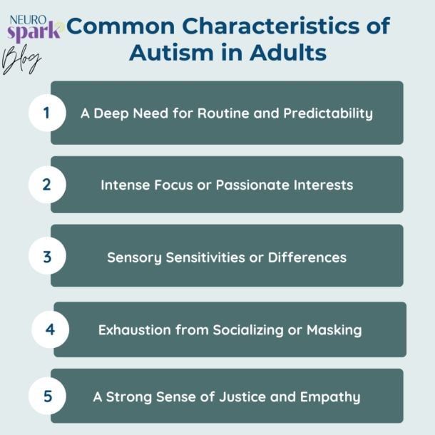 Infographic showing the 5 common characteristics of adult autism