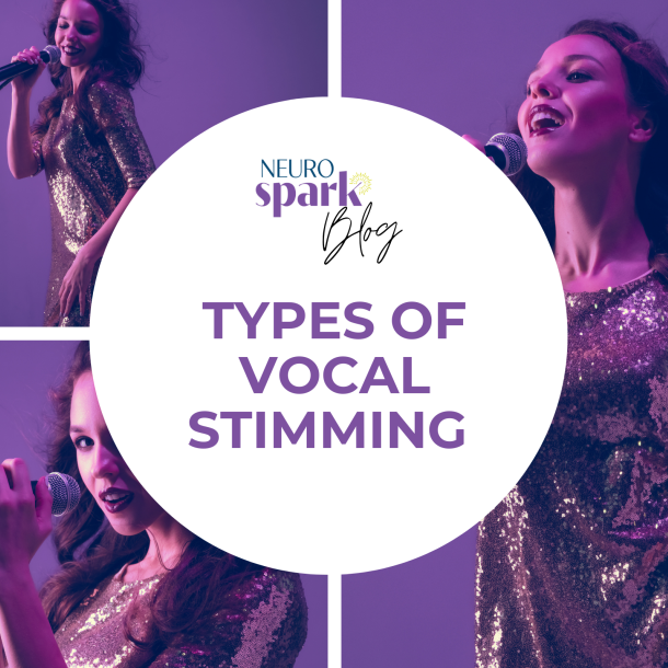 Purple and white graphic for NeuroSpark Health's blog Vocal Stimming.