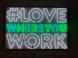 A white and green neon sign reads “#love where you work" representing NeuroSpark Health Careers.