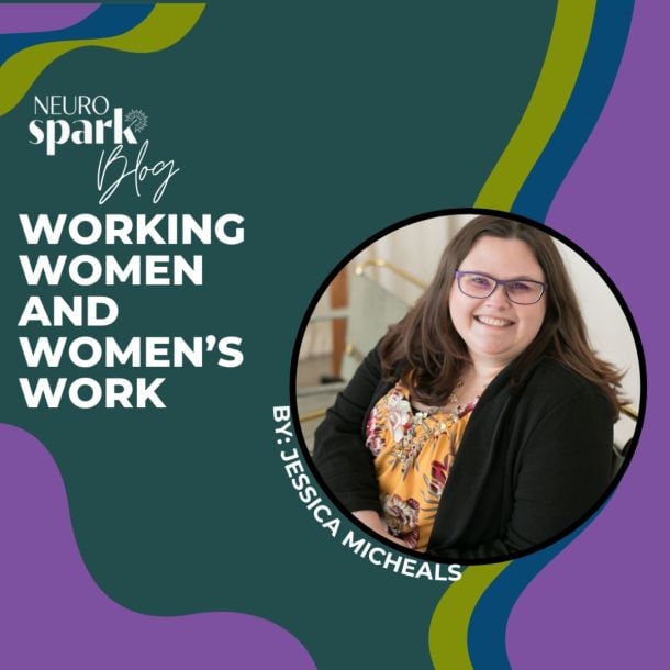 Colorful graphic for NeuroSpark Health's blog Working Women And Women's Work.