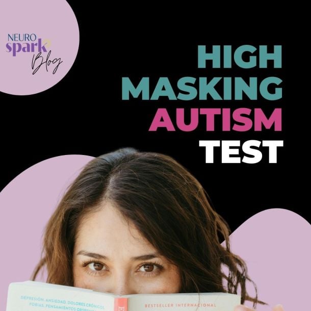 Woman with dark hair peeking over the top of a book she's holding, representing a high masking autism test.