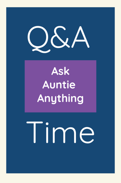Blue, purple, and white Dear AuDHD Auntie logo that reads Ask Auntie Anything.