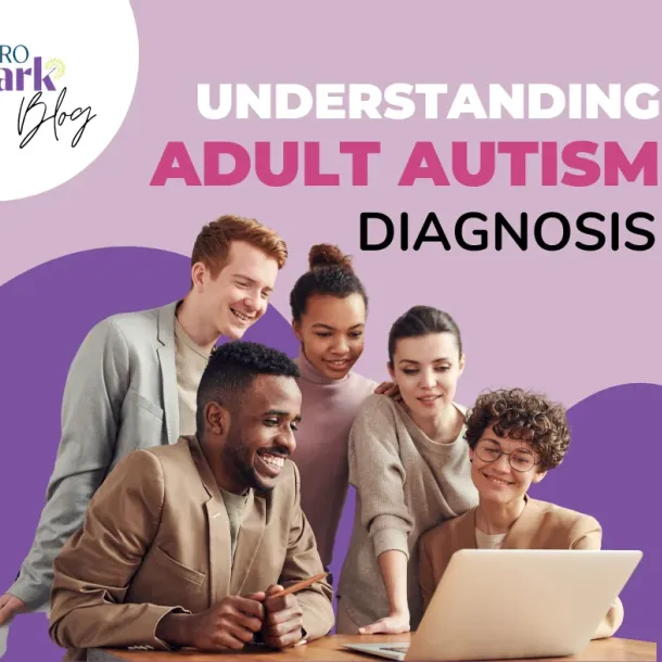 A group of autistic adults look at a computer together while discussing adult autism diagnoses.