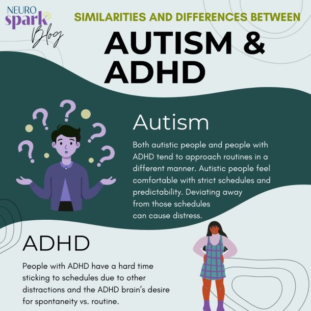Cartoonish graphic representing the difference between ADHD and autism.